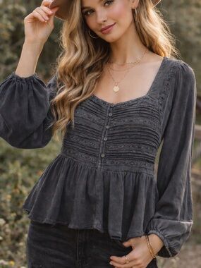 Lucky Brand Black Boho Fairycore Embroidered Peplum Top XL